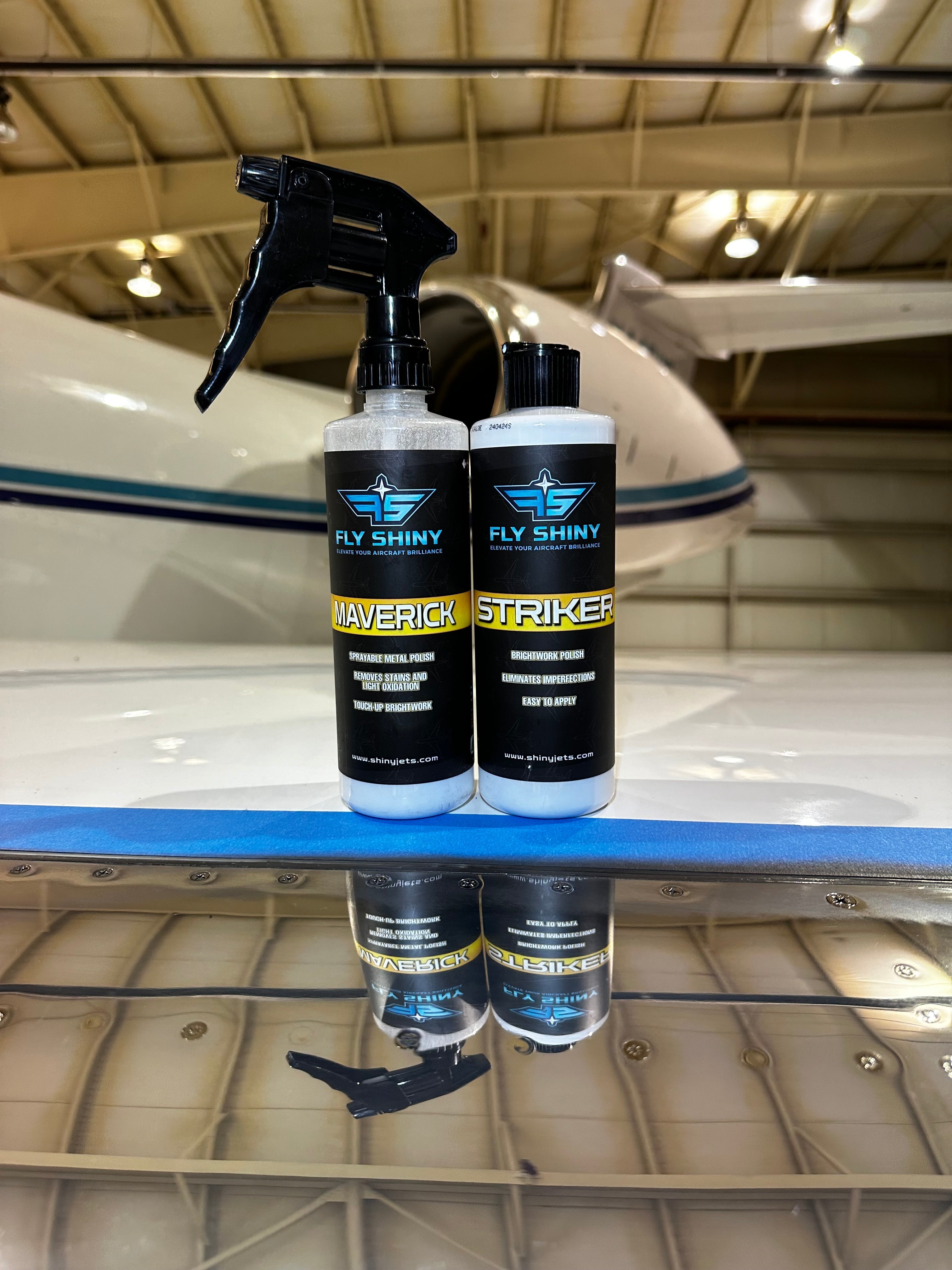 Professional aircraft metal polishing showing brightwork reflection after one-step process