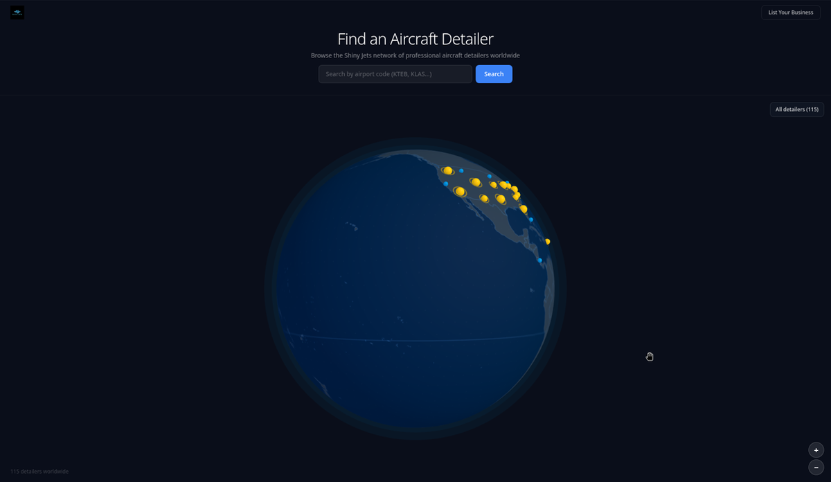 Shiny Jets Aircraft Detailer Directory home page with the airport code search bar and a globe of detailer locations