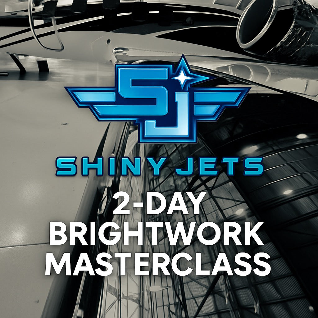 Shiny Jets 2 Day Brightwork Masterclass promotional image with aircraft brightwork and hangar background
